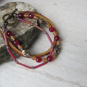 3 strand Boho bracelet Berry Brass Leather